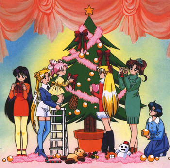 Chibi-Usa puts the bow on the tree.